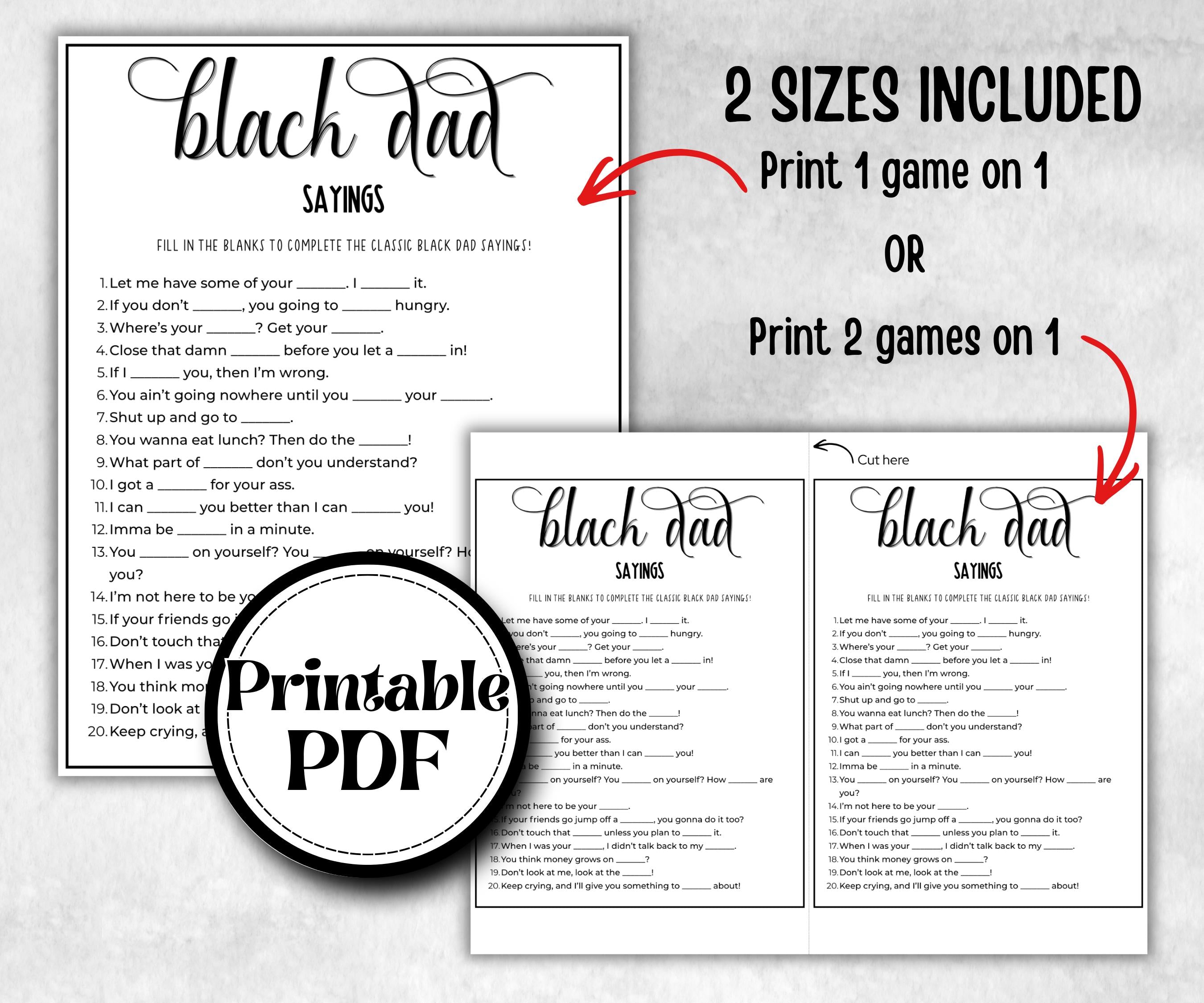 Black Dad Sayings Trivia, African American Dad, Black Culture baby shower, Mommy to be, Black Daddy to be, baby sprinkle, fathers day games