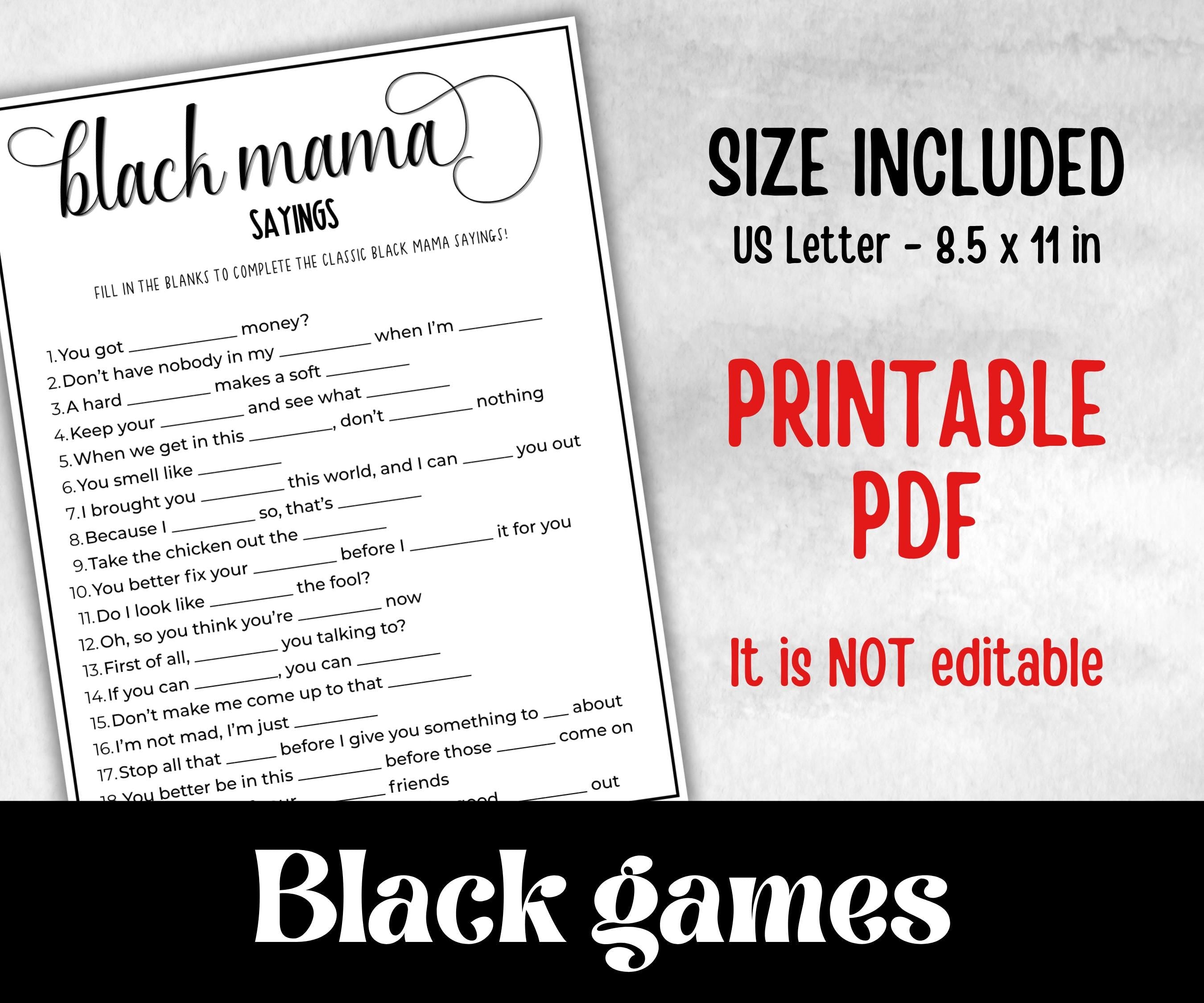 Black Mama Sayings Trivia, African American Mom, Black Culture baby shower, Black Mommy to be, Daddy to be, baby sprinkle, mothers day games