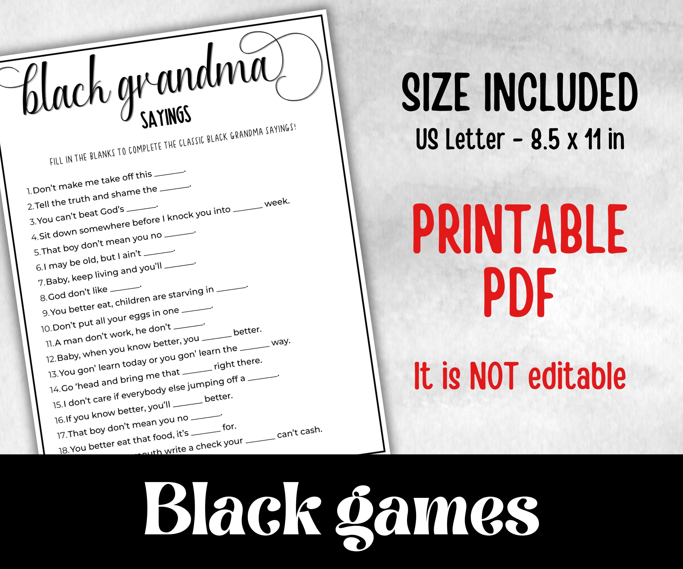 Black Grandma Sayings Trivia, African American Mom, Black Culture baby shower, Black Mommy to be, baby sprinkle, grandparents day trivia
