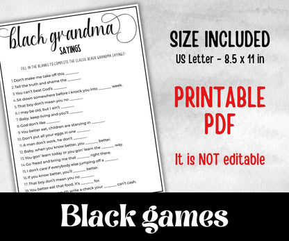 Black Grandma Sayings Trivia, African American Mom, Black Culture baby shower, Black Mommy to be, baby sprinkle, grandparents day trivia