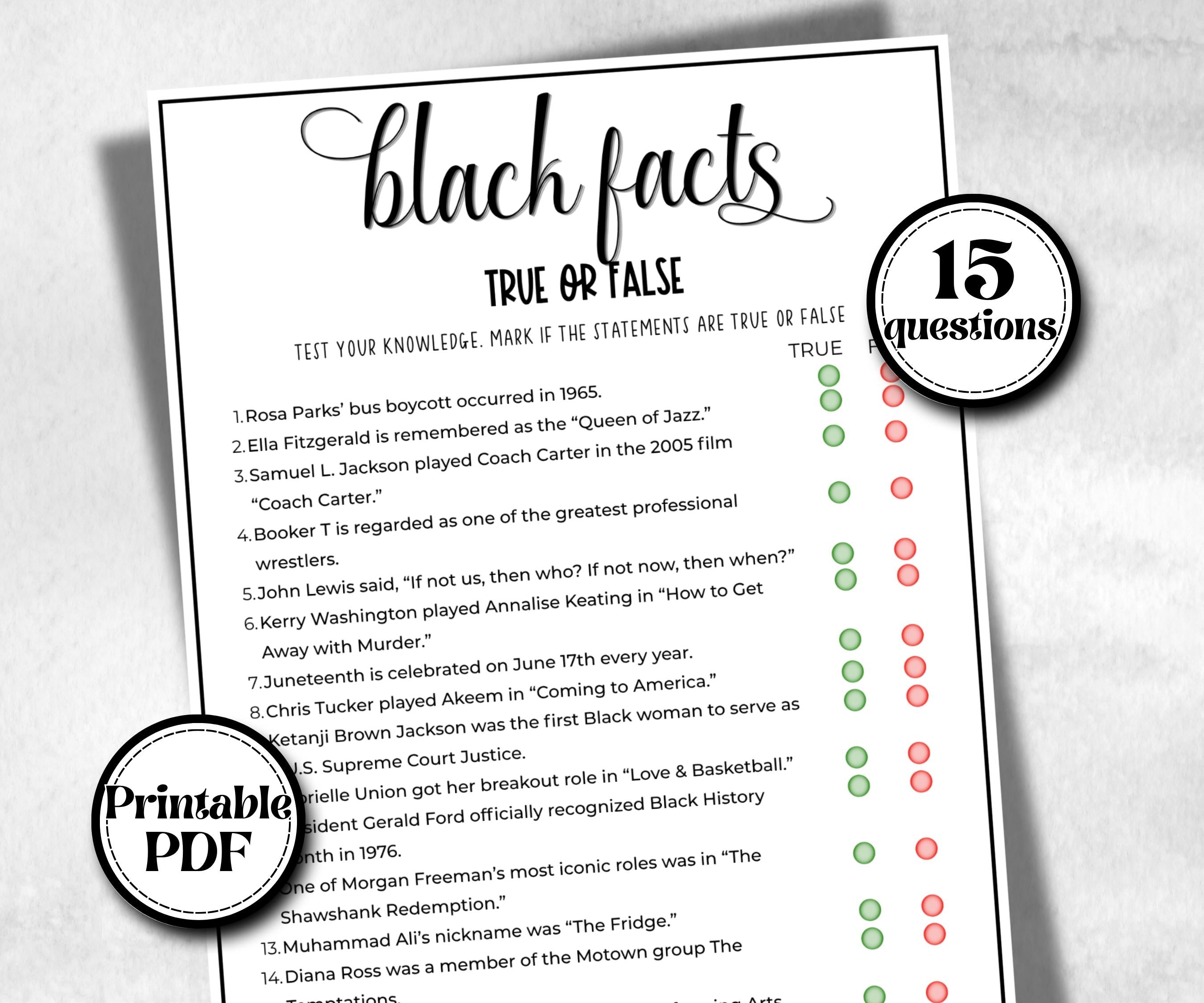 Black Fact or Fiction, African American, Black Culture riddles, True or False, icebreaker activity, community bbq picnic, classroom learning