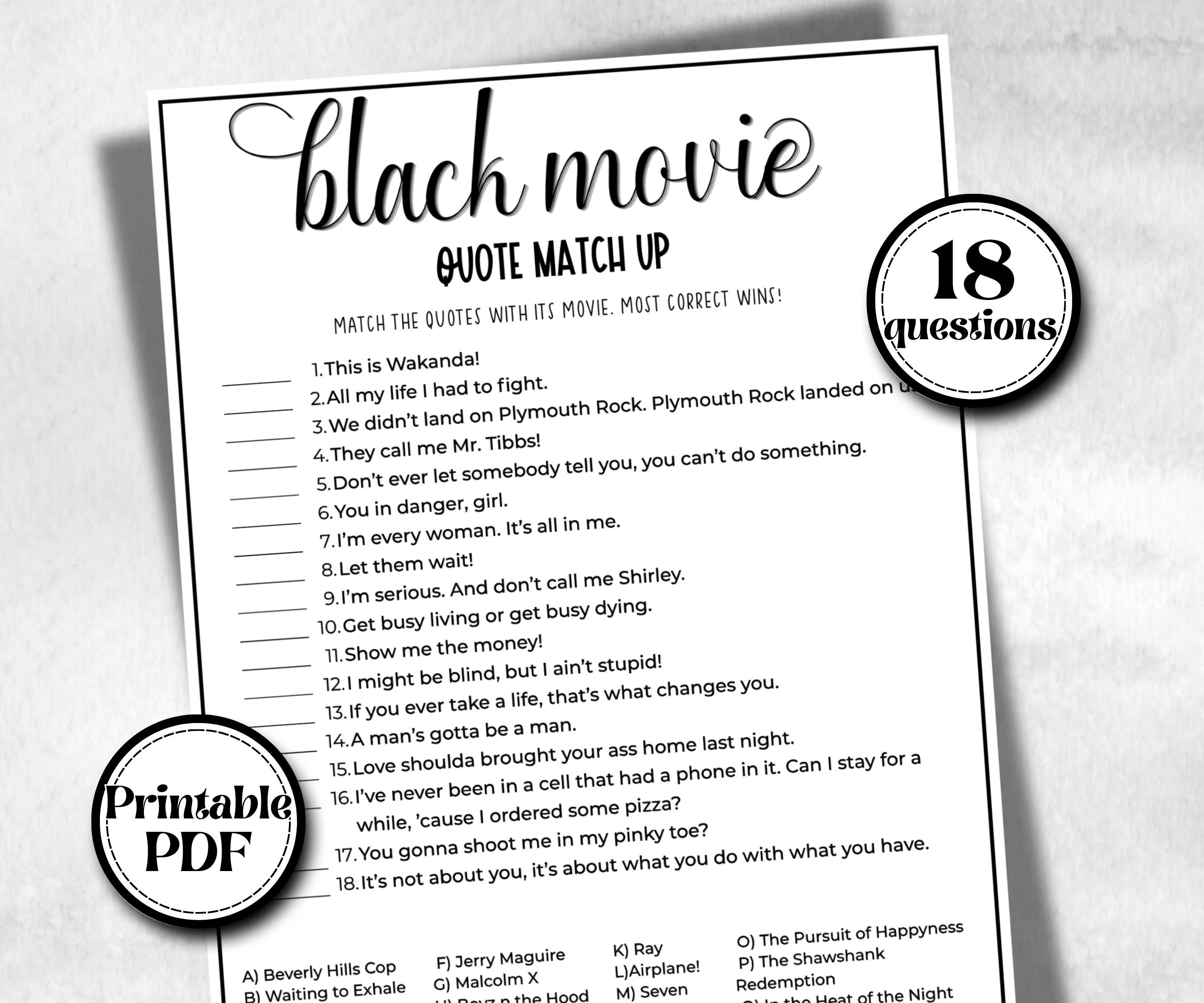 Black Movie Quotes, African American Quotes, Black Culture movie quiz, Movie Game Night, summer icebreaker party, community bbq picnic
