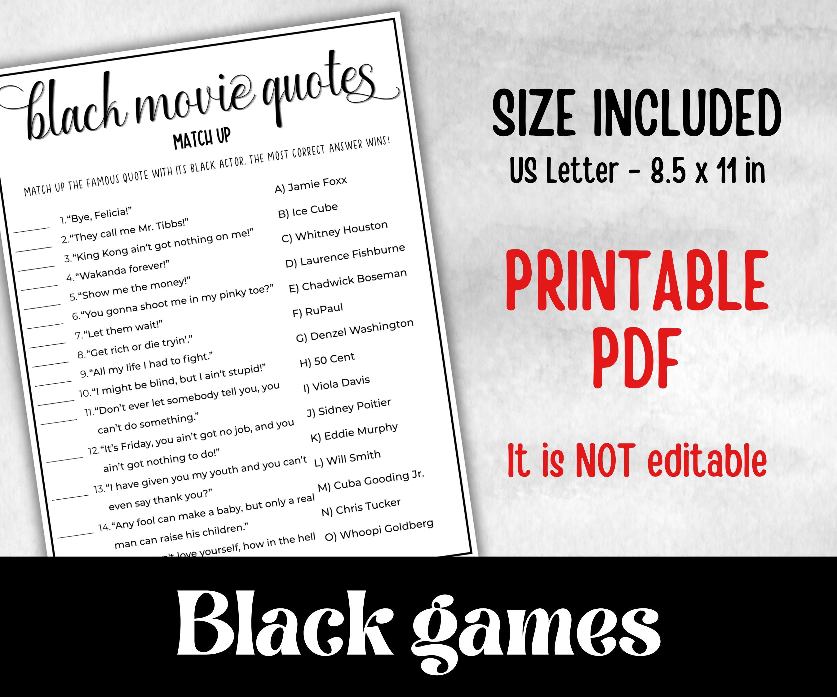 Black Movie Quotes match up, African American Quotes, Black Culture movie riddles, Movie Game Night, summer icebreaker party, community bbq