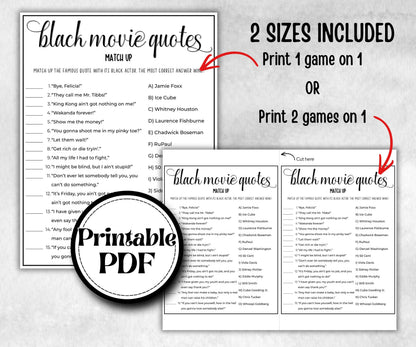 Black Movie Quotes match up, African American Quotes, Black Culture movie riddles, Movie Game Night, summer icebreaker party, community bbq