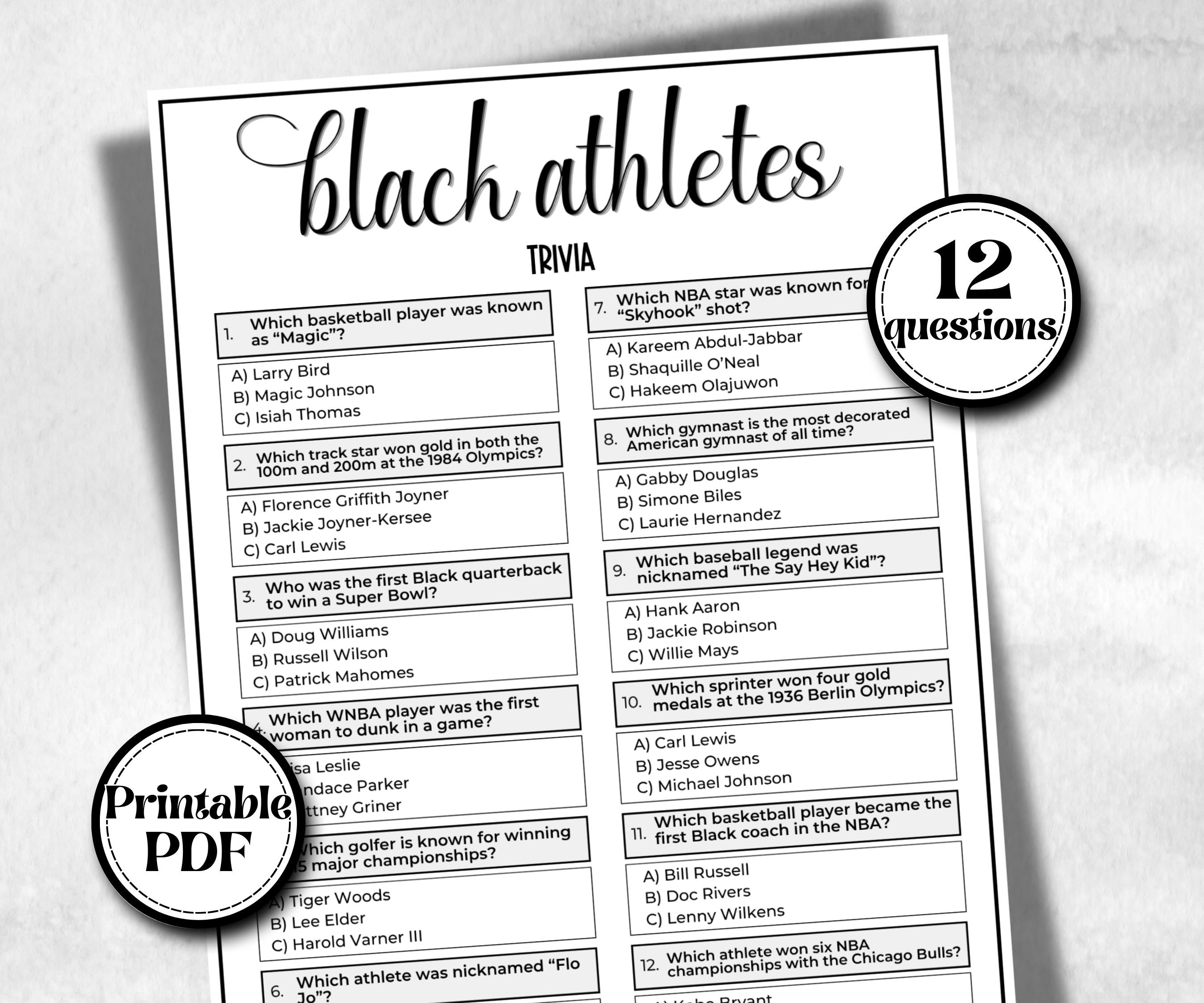 Black Athletes Trivia, African American, Black Culture, summer icebreaker party, community bbq, First blacks, educational classroom resource