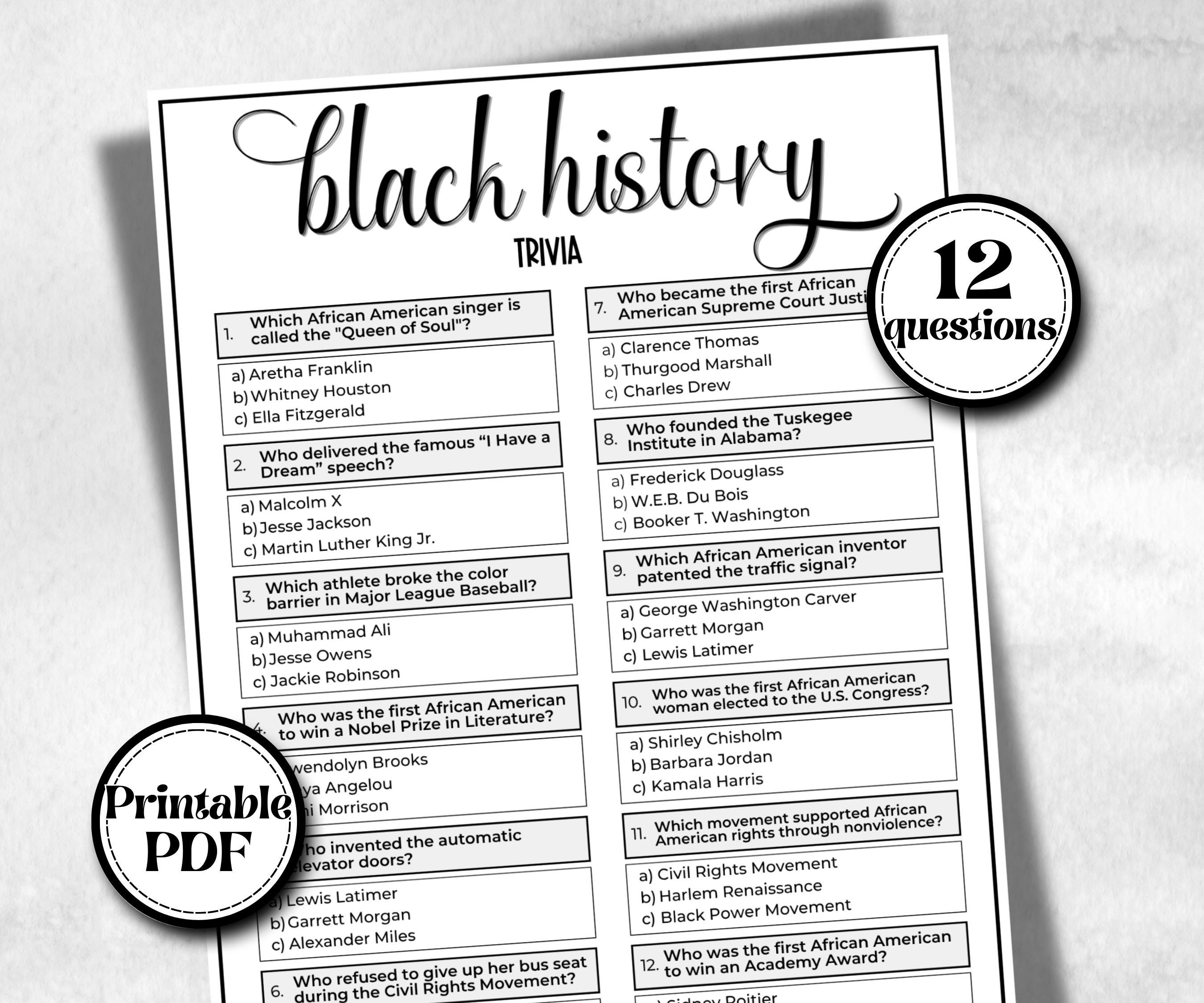 Black History Trivia, African American, Black Culture, kids summer icebreaker party, community bbq, educational classroom resource,