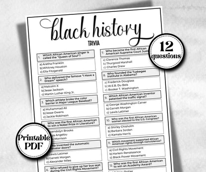 Black History Trivia, African American, Black Culture, kids summer icebreaker party, community bbq, educational classroom resource,