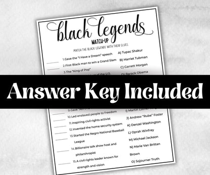Black Legends Match, African American, Black Culture riddle, icebreaker activity, community bbq picnic, classroom activity, black birthday