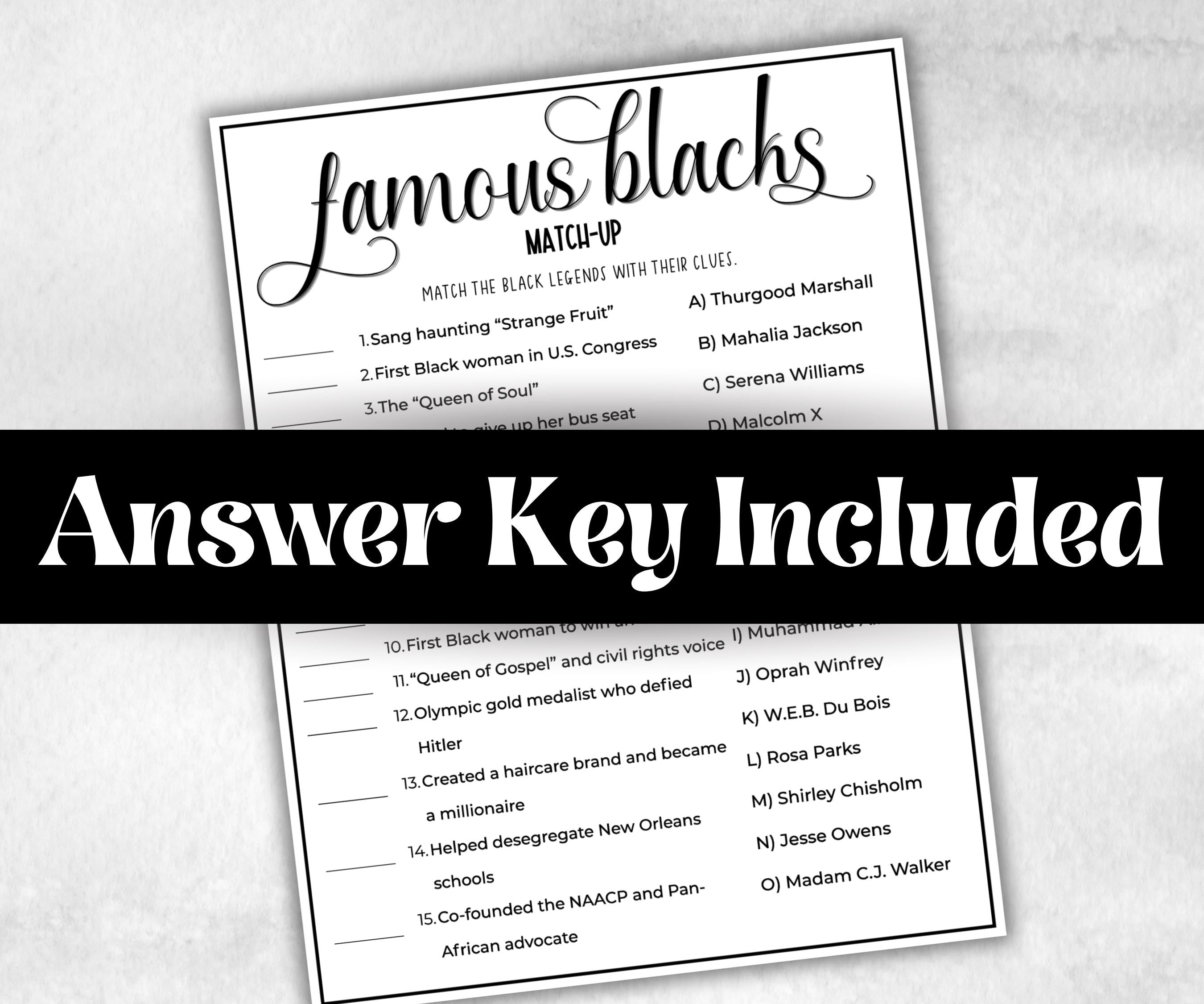 Famous Black People, African American, Black Culture riddle, icebreaker activity, community bbq picnic, classroom activity, black legends