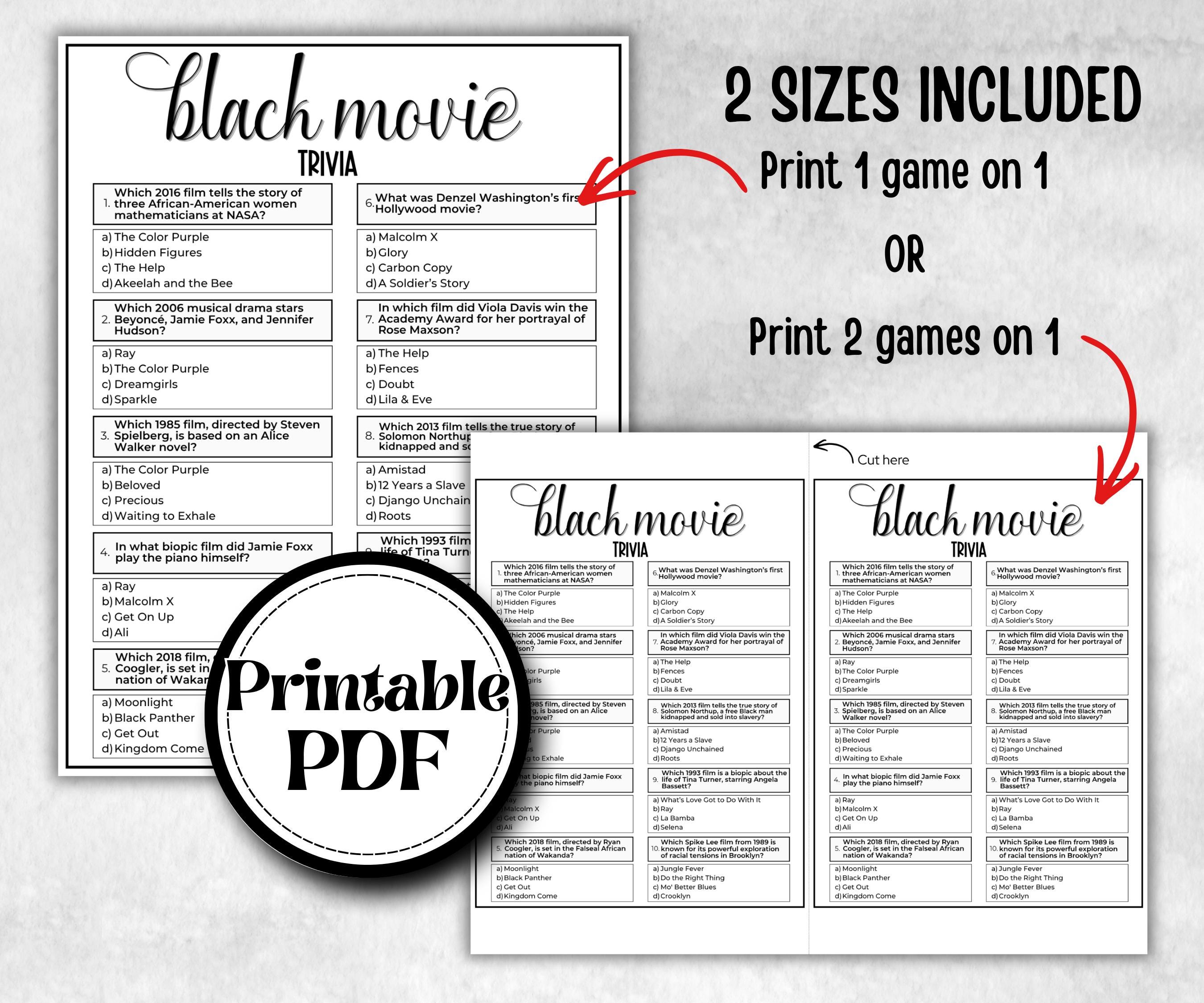 Black Movie Trivia, African American Quotes, Black Culture movie riddle, Movie Game Night, summer icebreaker party, summer bbq, popcorn game