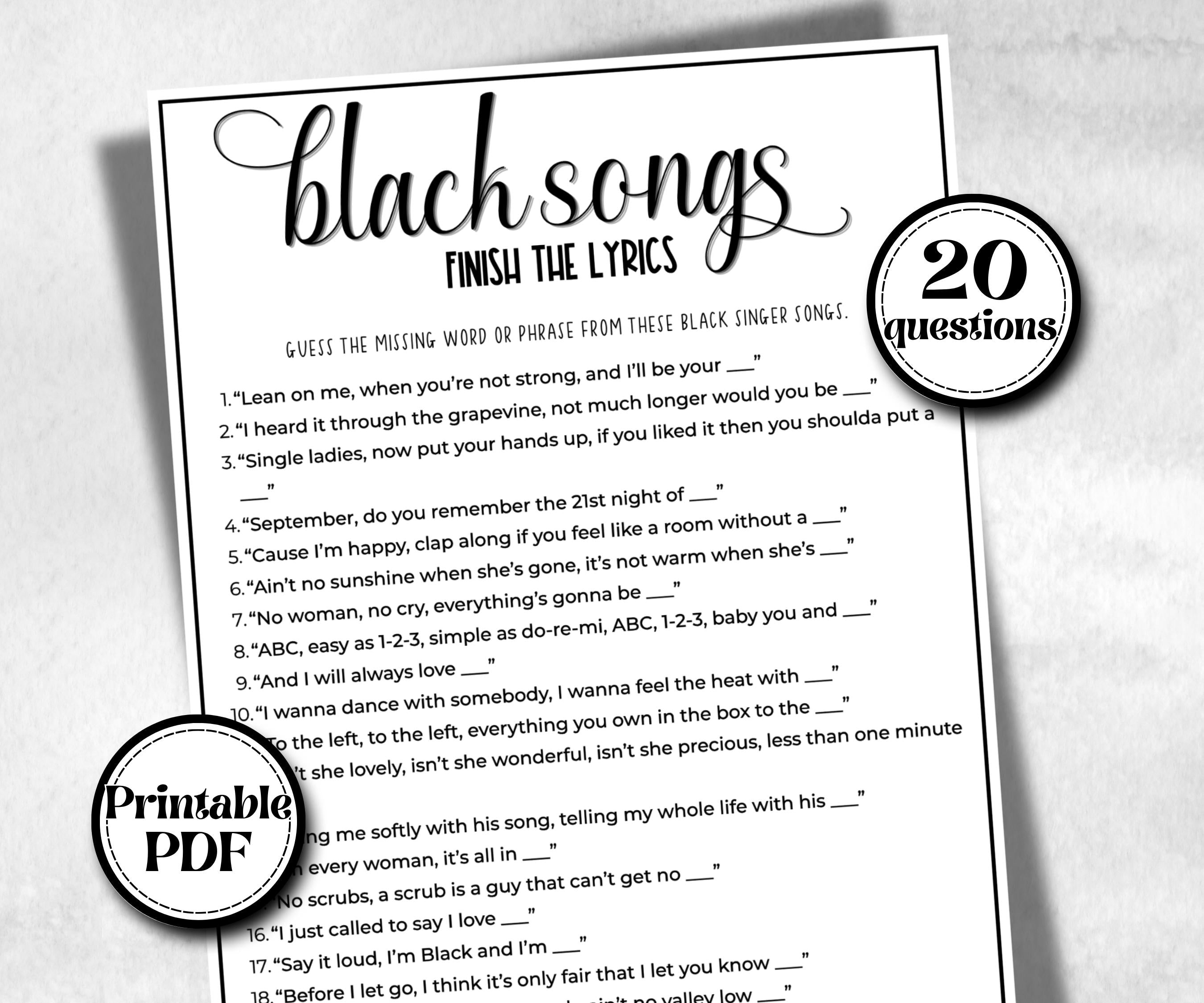 Black Songs, finish the lyrics, African American, Black Culture riddle, icebreaker activity, community bbq, spring summer, Music for Kids