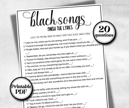 Black Songs, finish the lyrics, African American, Black Culture riddle, icebreaker activity, community bbq, spring summer, Music for Kids
