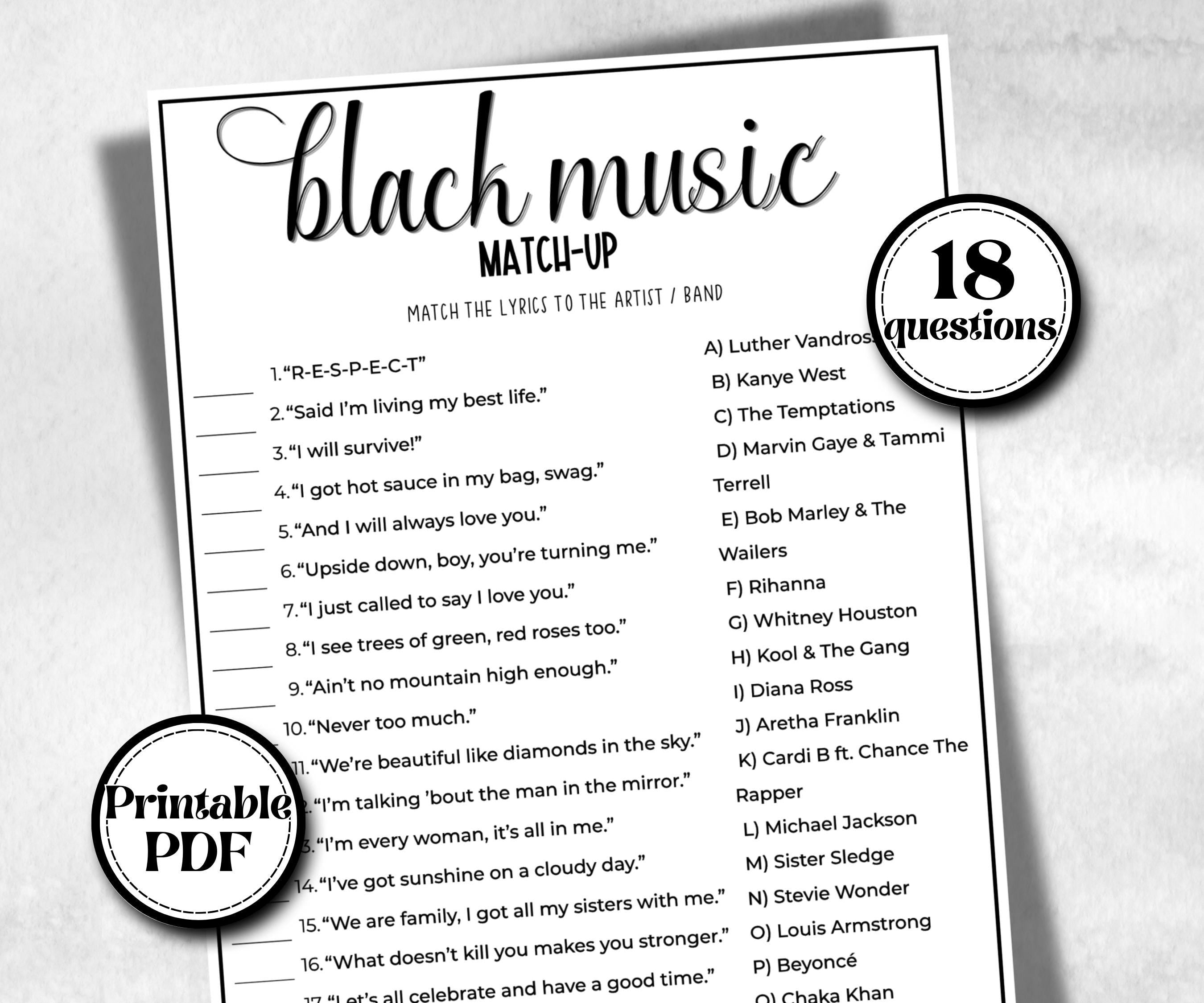 Black Music Match up for kids, Black songs, African American, Black Culture riddle, icebreaker activity, community bbq, spring summer
