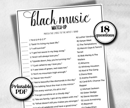 Black Music Match up for kids, Black songs, African American, Black Culture riddle, icebreaker activity, community bbq, spring summer