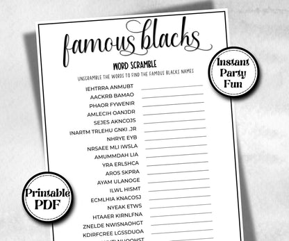 Famous Black People word scramble, African American, Black Culture riddle, community bbq picnic icebreaker, classroom activity, black legend