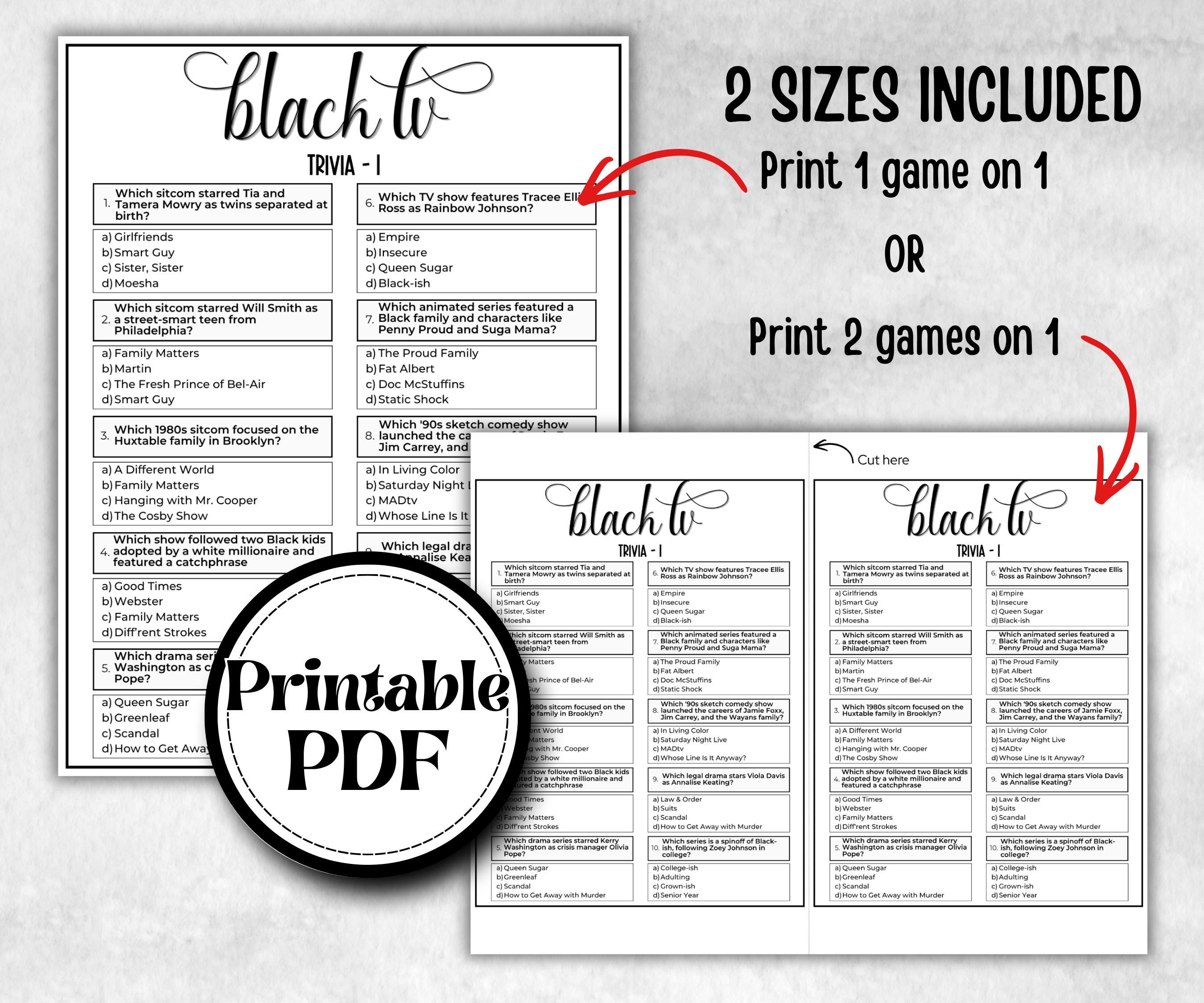 Black TV Trivia, African American Mom, Black Culture baby shower, Television Quiz, senior game night, summer icebreaker, famous black tv