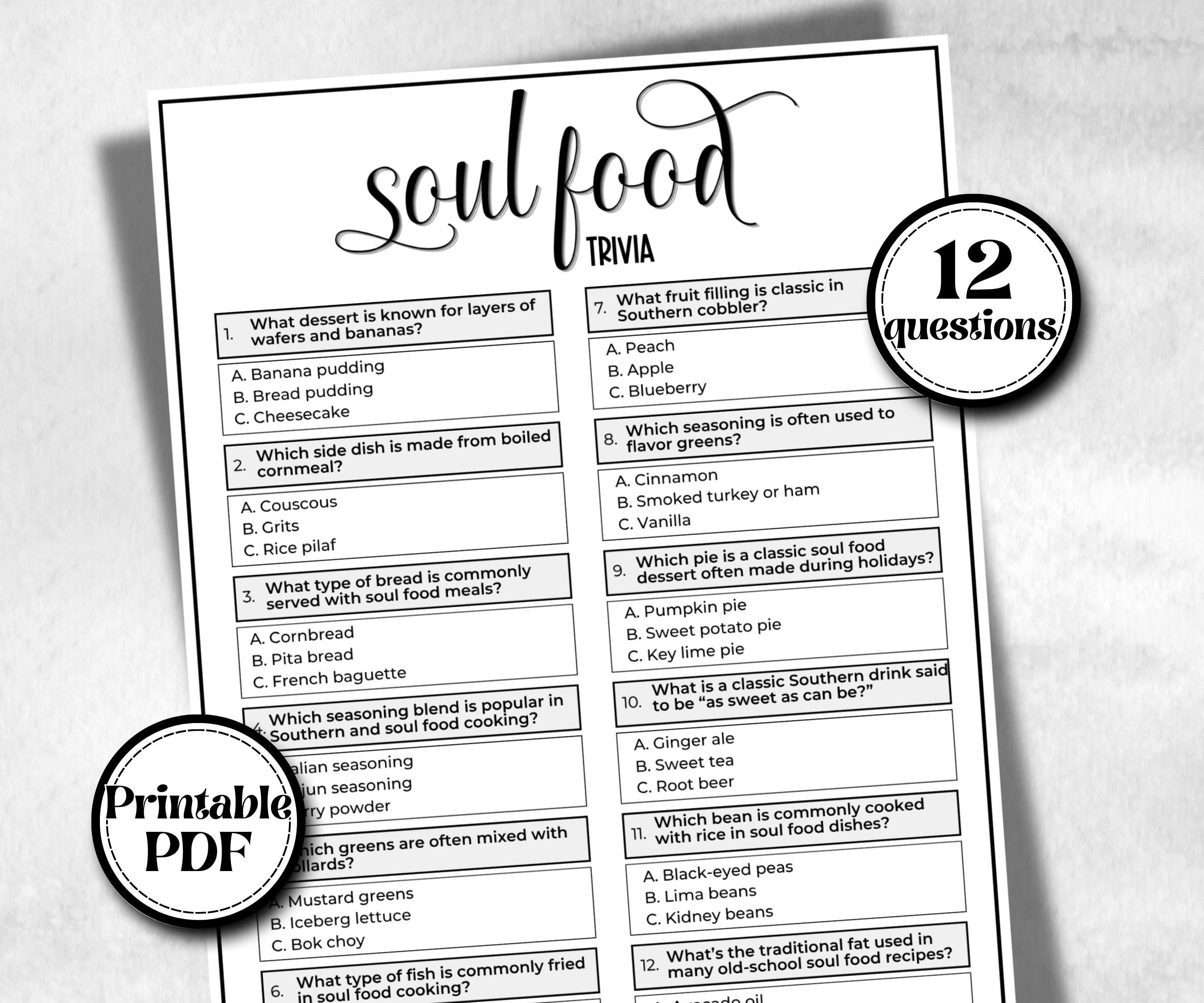 Soul food trivia, African American Quotes, Black Culture food quiz, Movie Game Night, summer icebreaker party, community bbq, picnic for kid