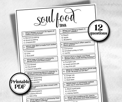 Soul food trivia, African American Quotes, Black Culture food quiz, Movie Game Night, summer icebreaker party, community bbq, picnic for kid
