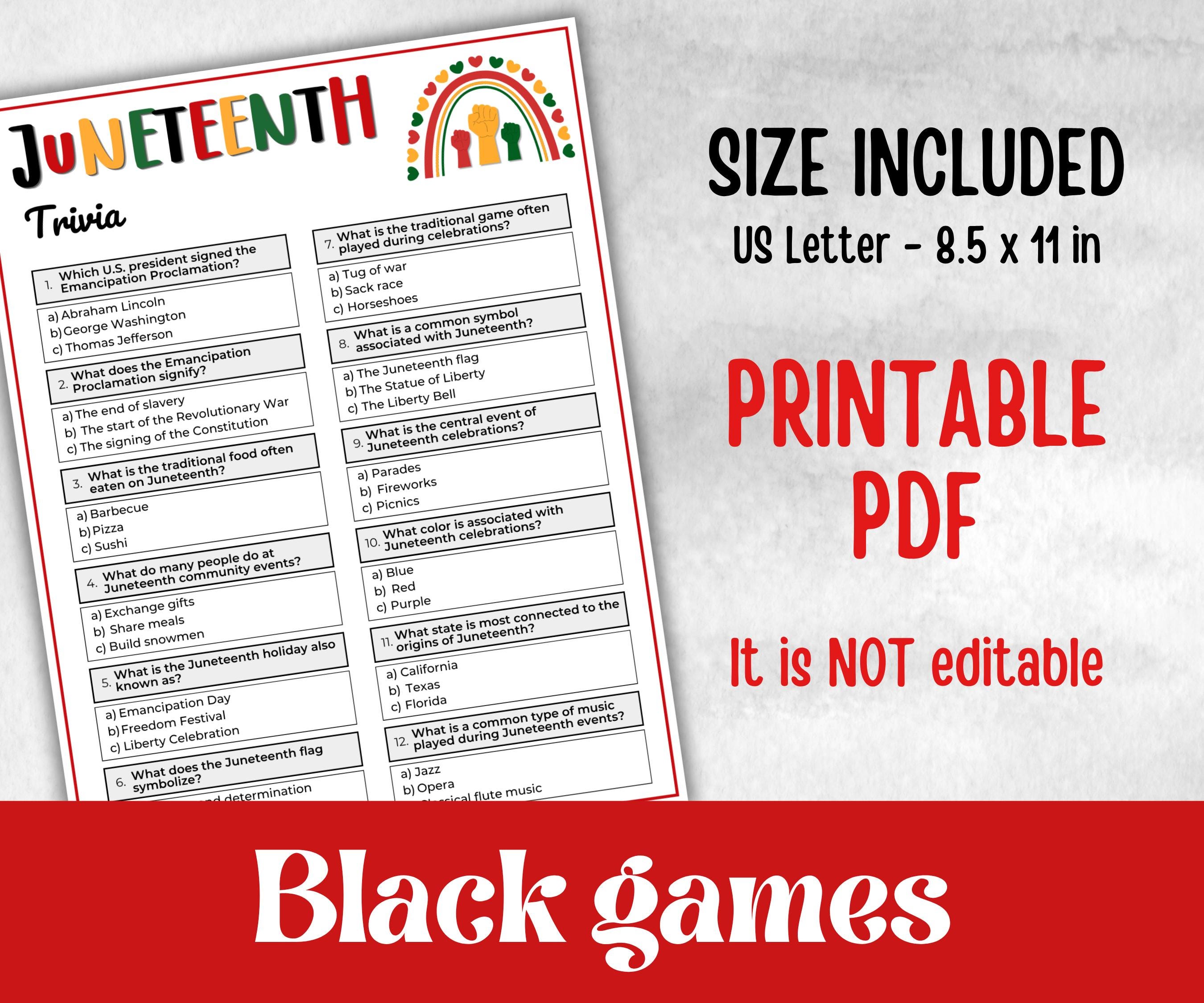Juneteenth Trivia, kids educational game, african american trivia game night, black history, black culture celebration, classroom activities