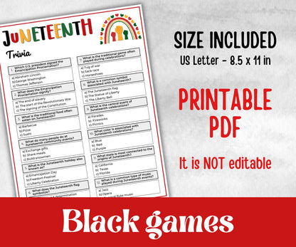 Juneteenth Trivia, kids educational game, african american trivia game night, black history, black culture celebration, classroom activities