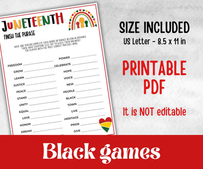 Juneteenth Finish the Phrase, african american kid party, mix and mingle, family game night, black culture celebration, black family reunion