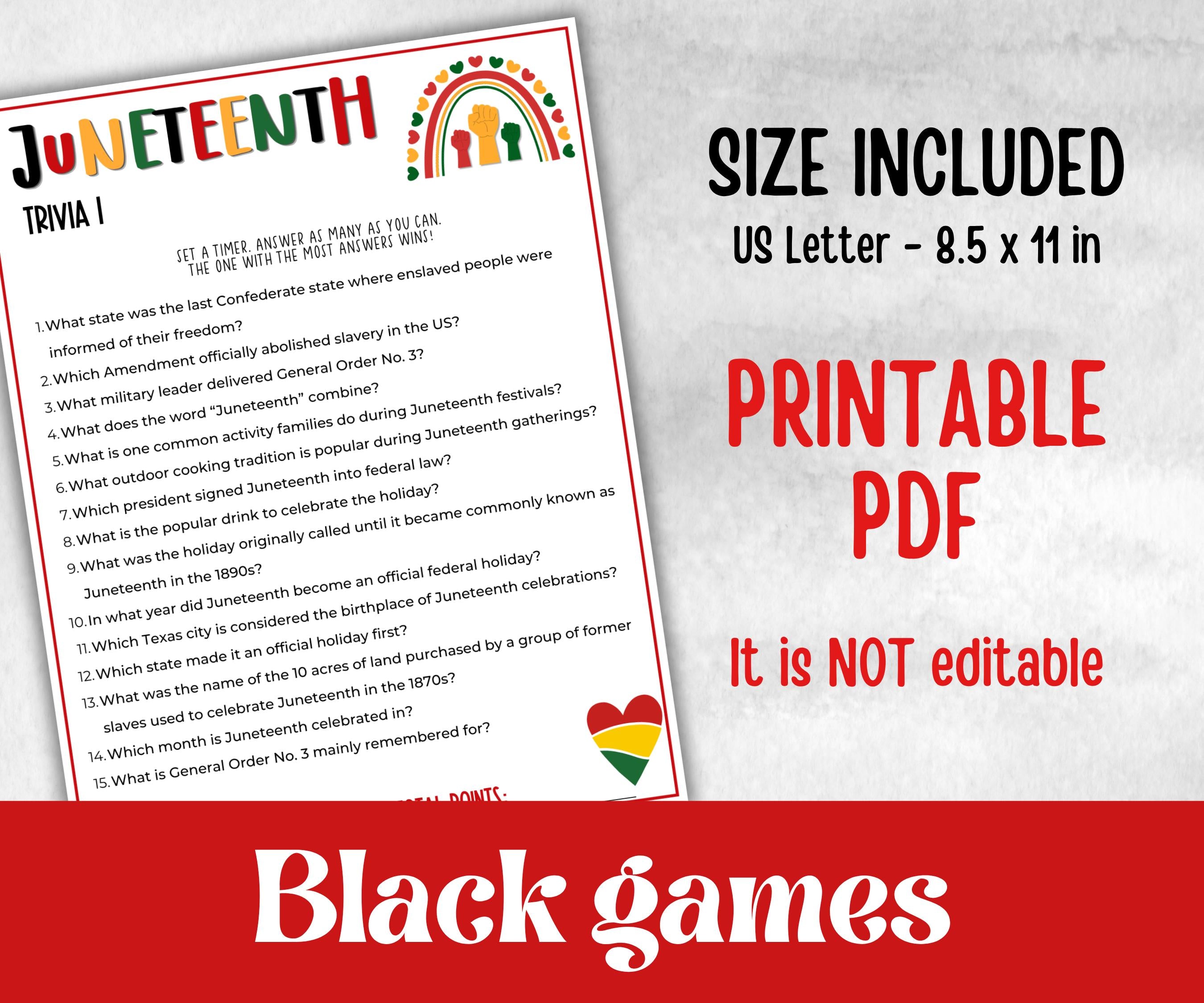 Printable Juneteenth Trivia, kids educational game, african american, trivia game night, black history, black culture celebration, classroom