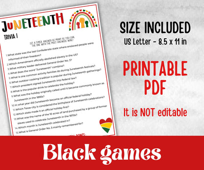Printable Juneteenth Trivia, kids educational game, african american, trivia game night, black history, black culture celebration, classroom
