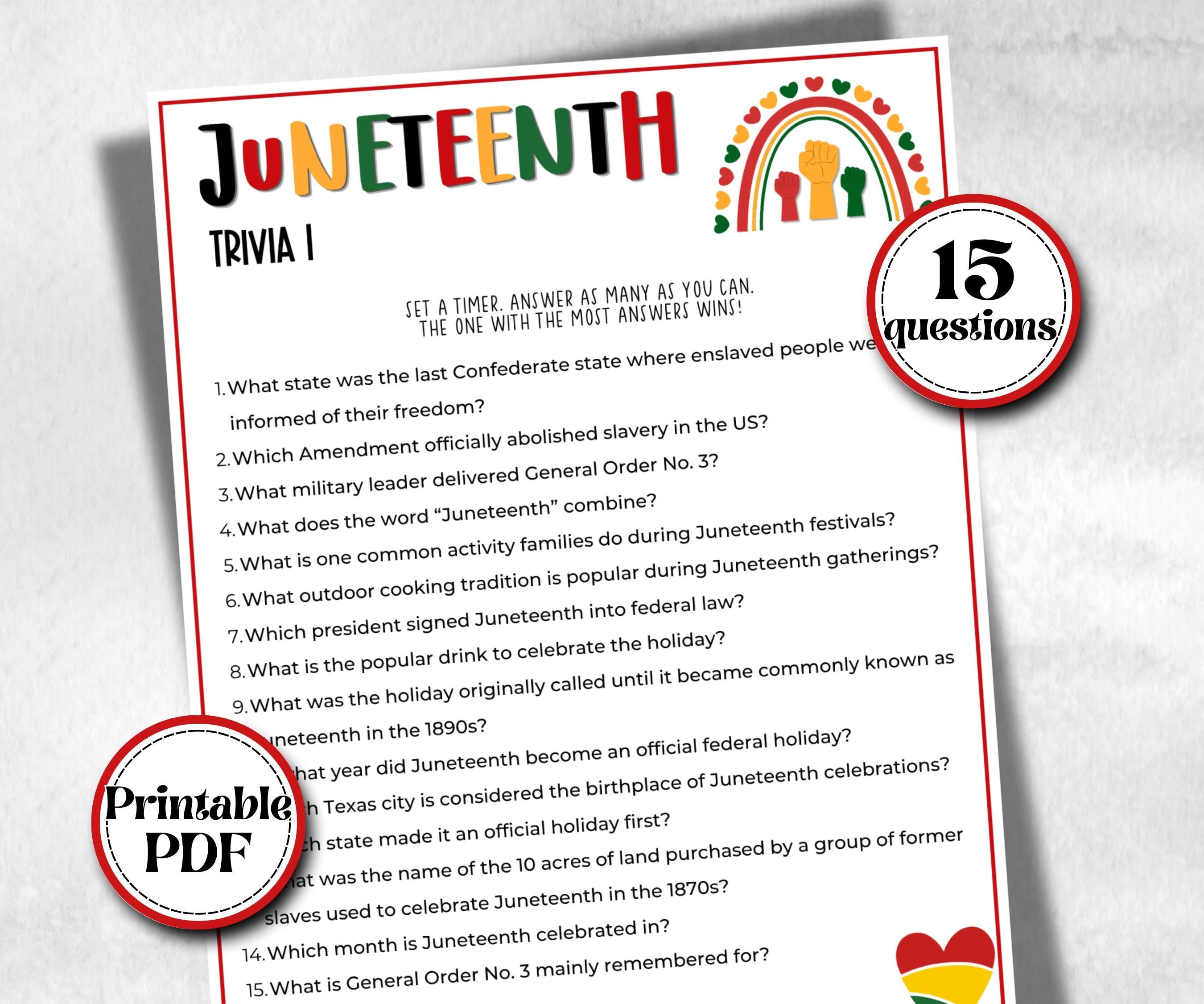 Printable Juneteenth Trivia, kids educational game, african american, trivia game night, black history, black culture celebration, classroom