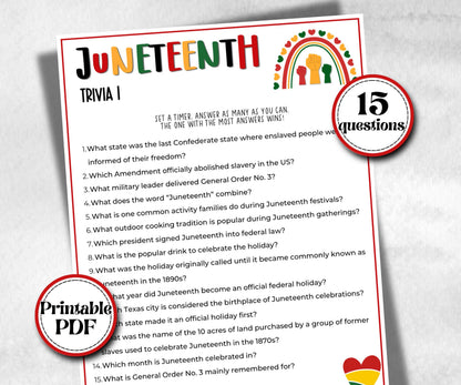 Printable Juneteenth Trivia, kids educational game, african american, trivia game night, black history, black culture celebration, classroom