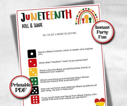 Juneteenth Roll and Share, african american kid party, conversation dice, family game night, black culture celebration, black family reunion