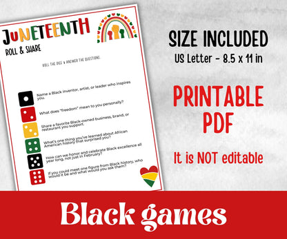 Juneteenth Roll and Share, african american kid party, conversation dice, family game night, black culture celebration, black family reunion