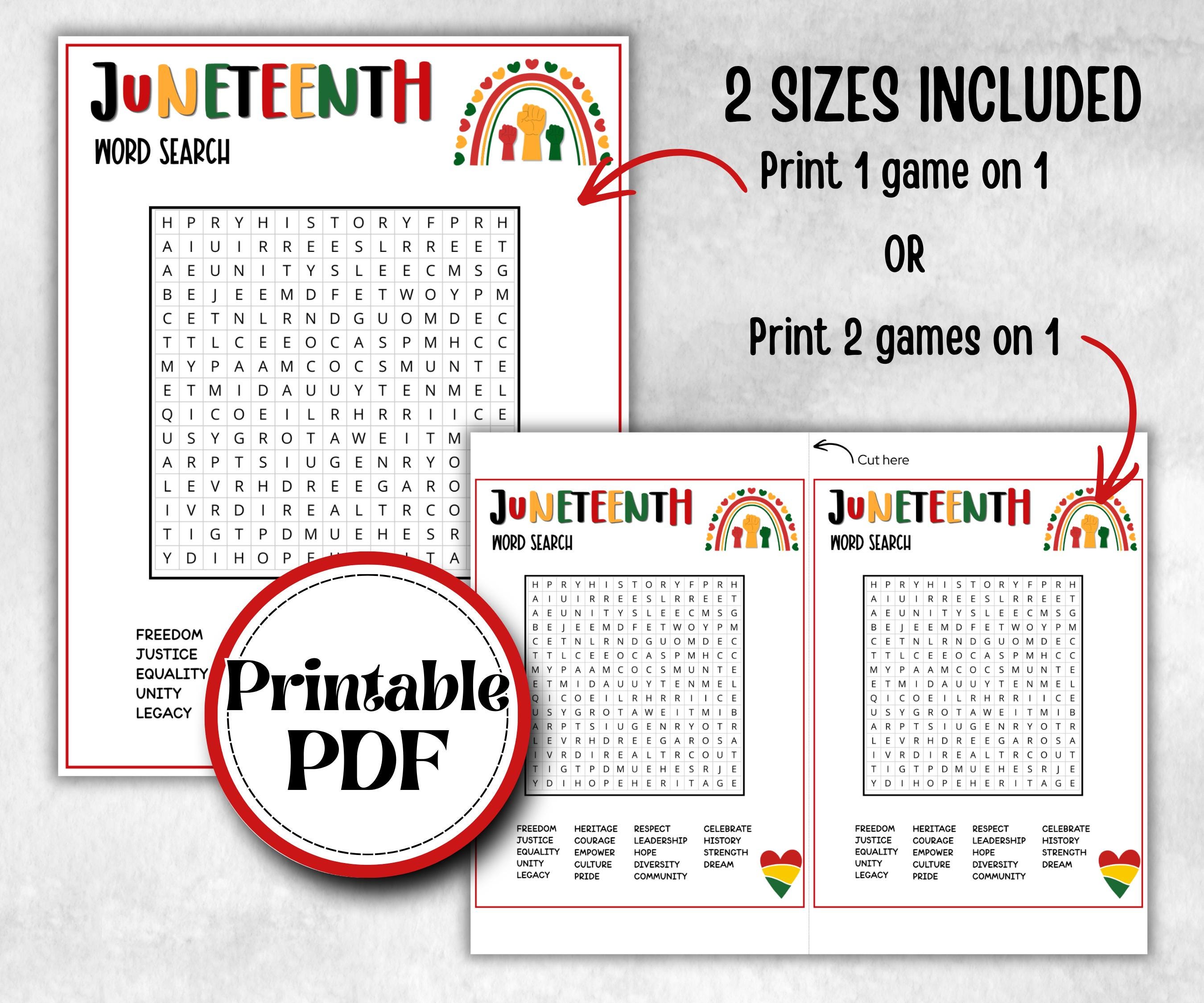 Juneteenth Word Search, kid party game, african american family game night, black history, black culture celebration, black family reunion