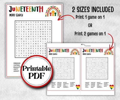 Juneteenth Word Search, kid party game, african american family game night, black history, black culture celebration, black family reunion