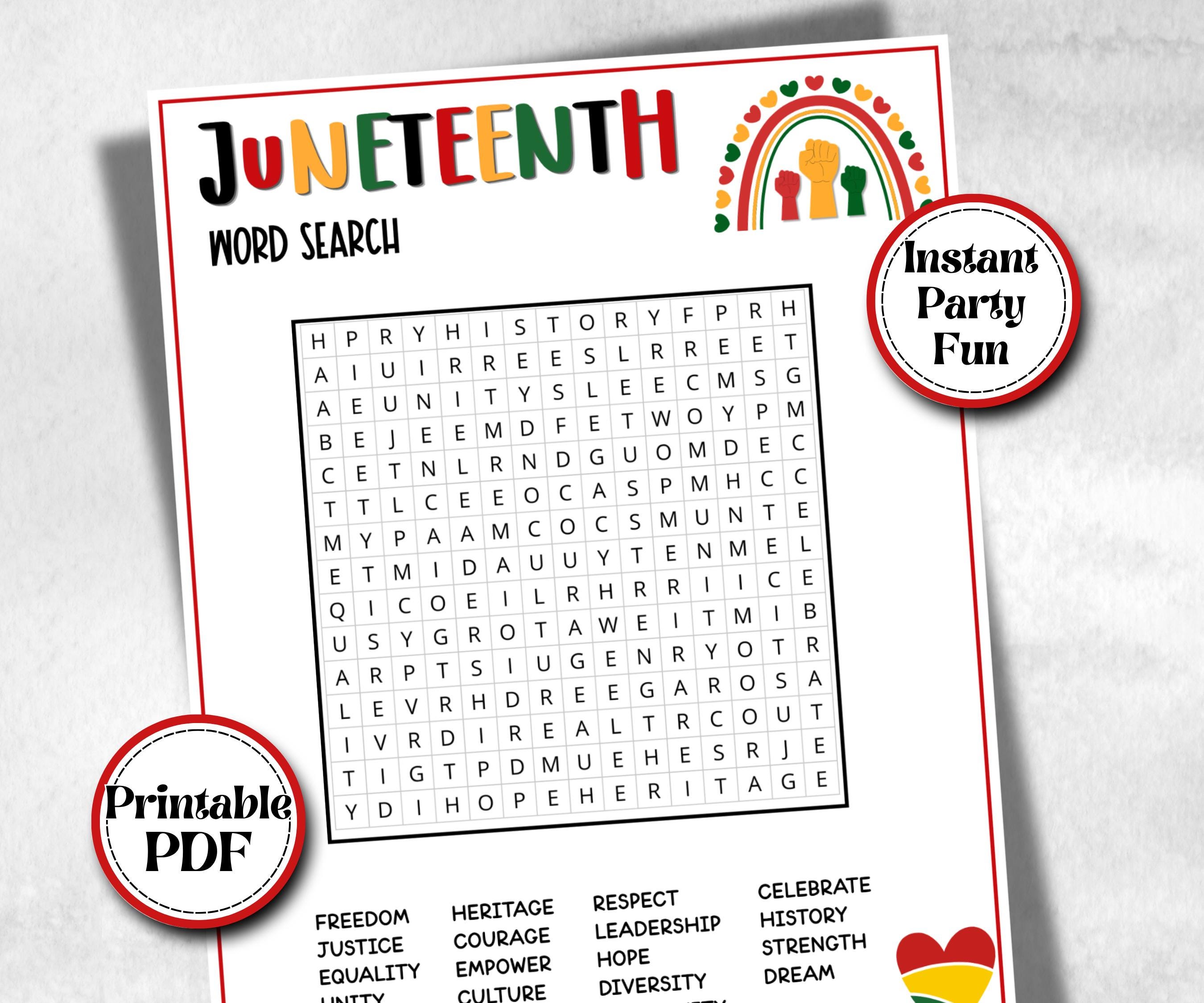 Juneteenth Word Search, kid party game, african american family game night, black history, black culture celebration, black family reunion