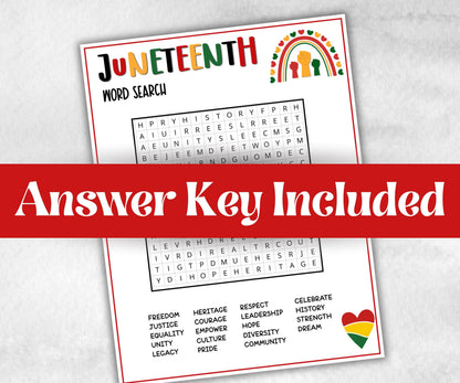 Juneteenth Word Search, kid party game, african american family game night, black history, black culture celebration, black family reunion