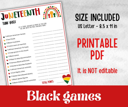 Juneteenth Think Quick, kid party game, african american family game night, black history, black culture celebration, black family reunion