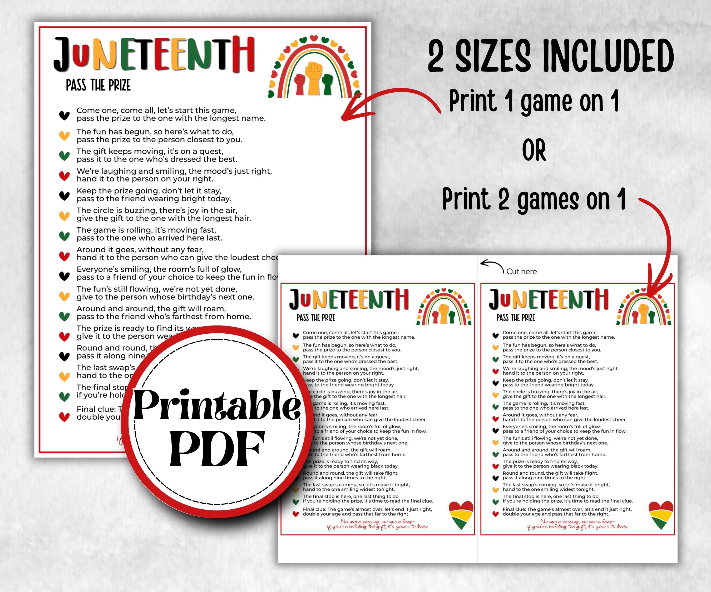 Juneteenth pass the prize, african american, family game night, pass the parcel, rhyme, pass the gift, left right game, teen pajama activity