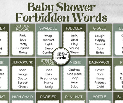 Green Baby Shower Forbidden Words, Funny Shower Game, Spring Ladies Brunch, Coed Pregnancy Game, Girl Boy Shower, expecting mom dad gift