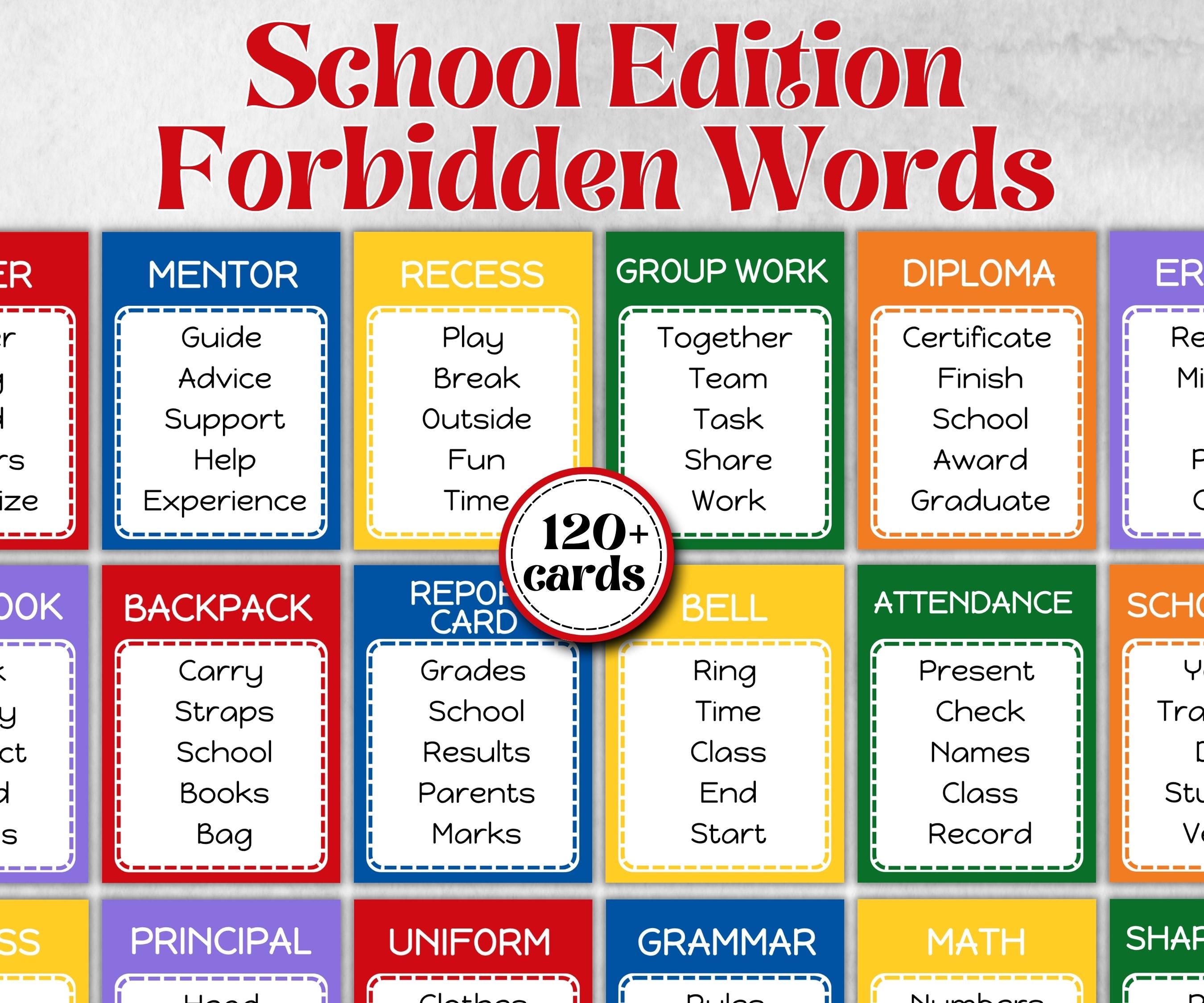 Back to School Forbidden Words, Boy Girl Birthday activity, Kindergarten esl activity, Word Ban, Daycare, Homeschool Activity, vocabulary