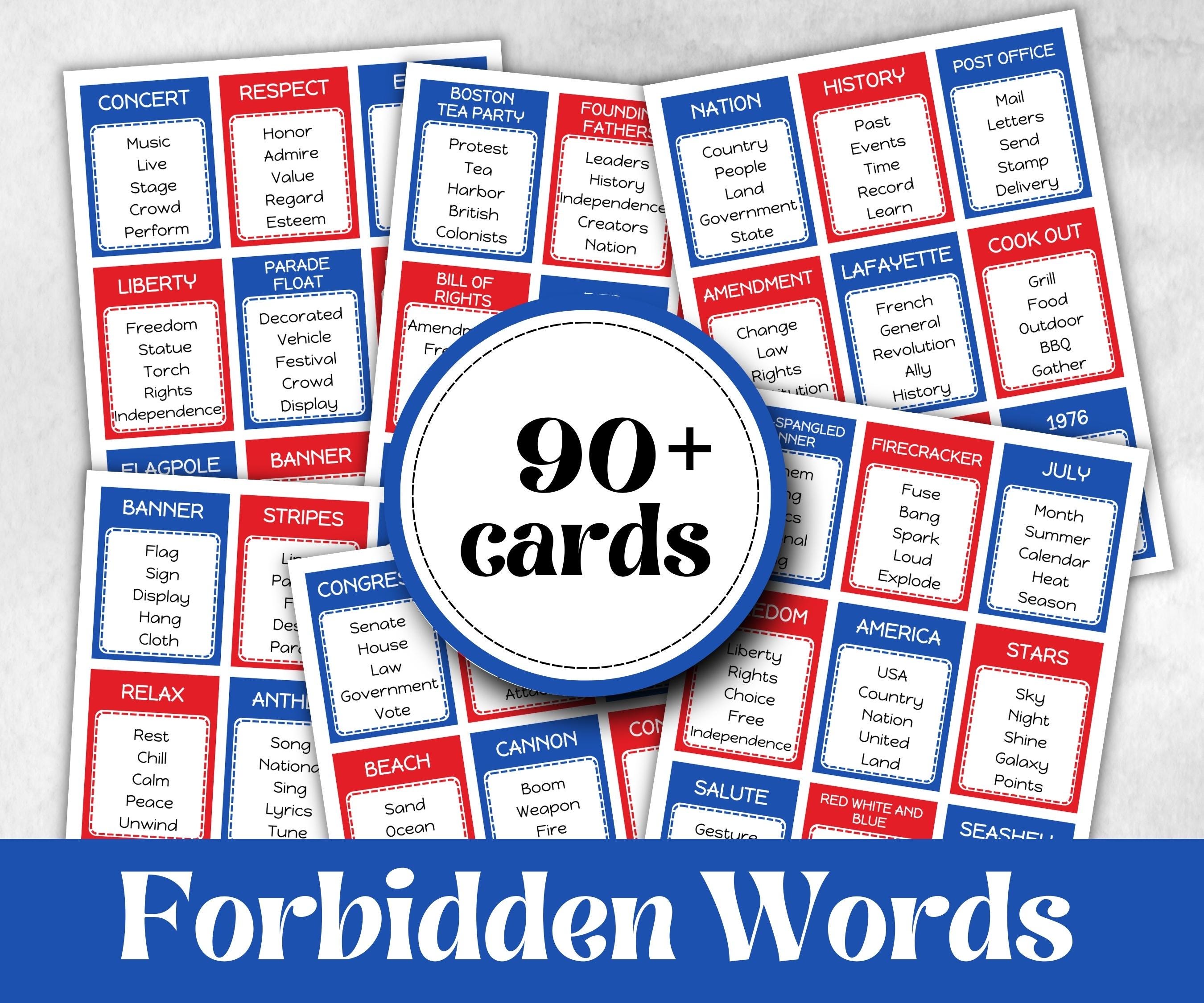 4th of July Forbidden Words, Kindergarten esl, America Word Ban, Homeschool Activity, Independence Day Trivia, Patriotic Game Summer BBQ
