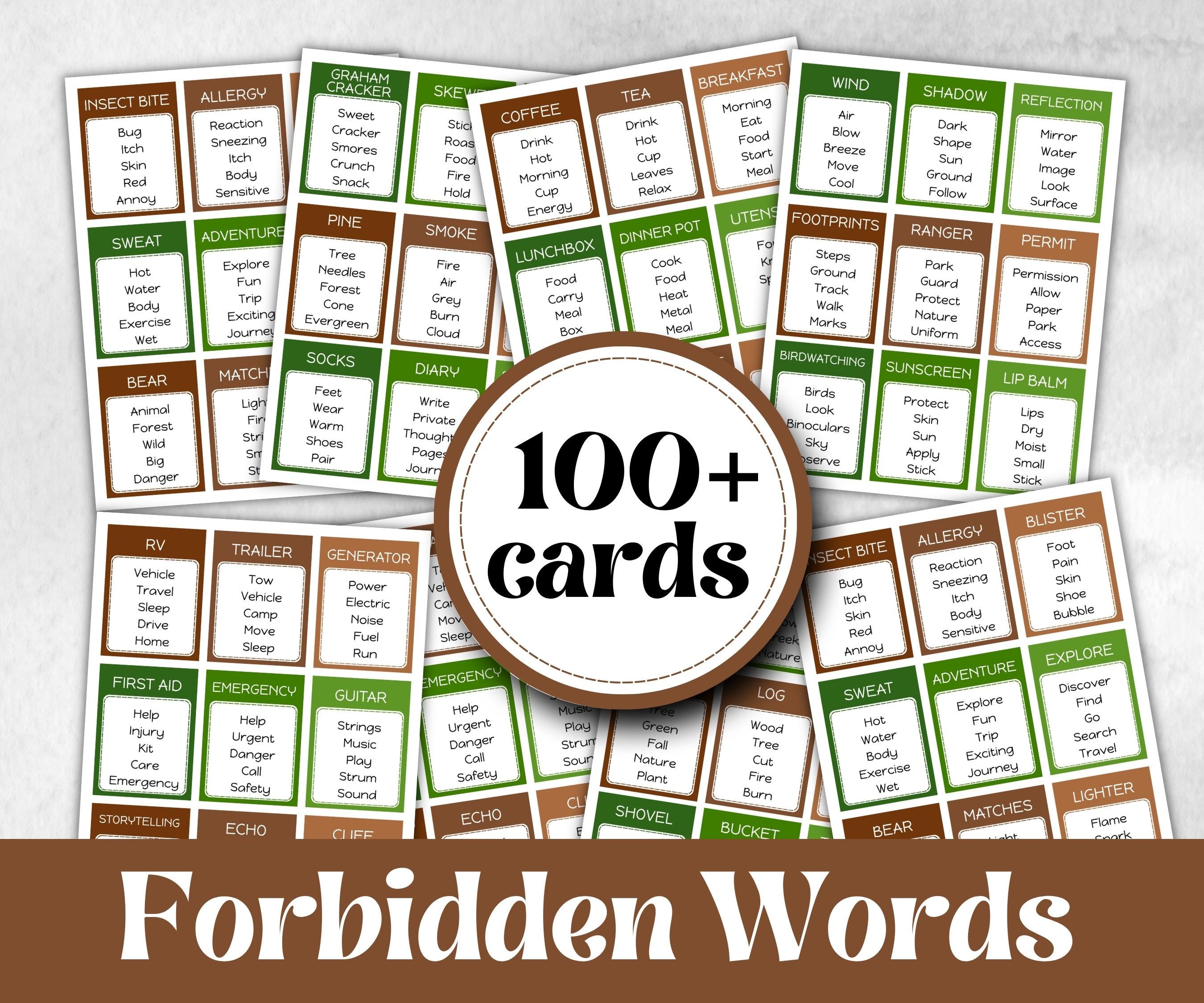 Summer Camp Forbidden Words, Dont say It, Icebreaker, Interactive Printable Trivia Game, Campfire, Family Reunion, end of school camp, yard