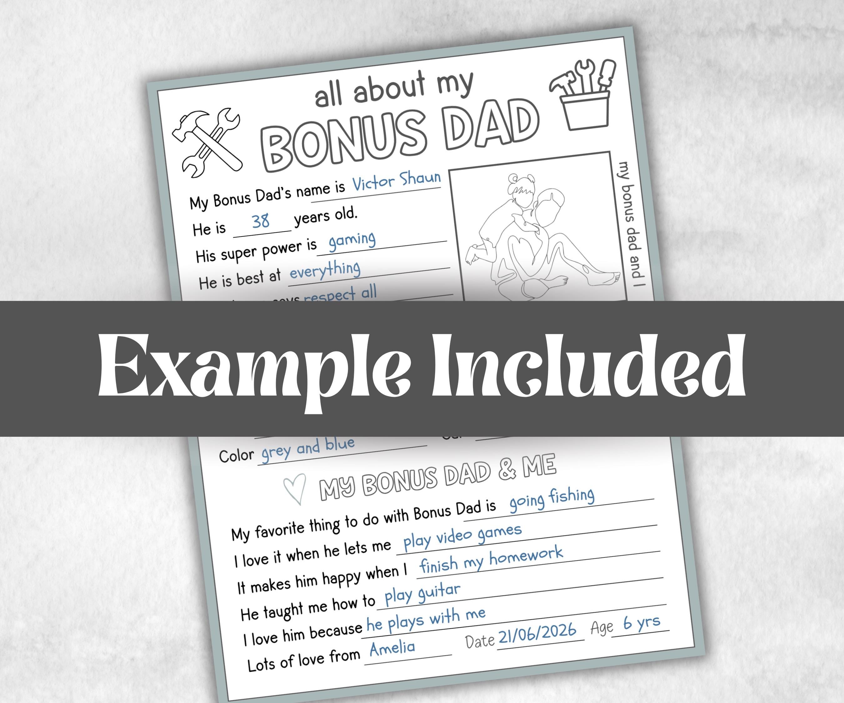 All about my Bonus Dad, Bonus Dad questionnaire, facts about bonus dad, preschool worksheet, printable interview, kindergarten, personalised