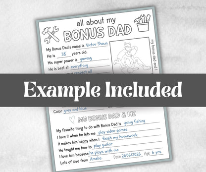 All about my Bonus Dad, Bonus Dad questionnaire, facts about bonus dad, preschool worksheet, printable interview, kindergarten, personalised