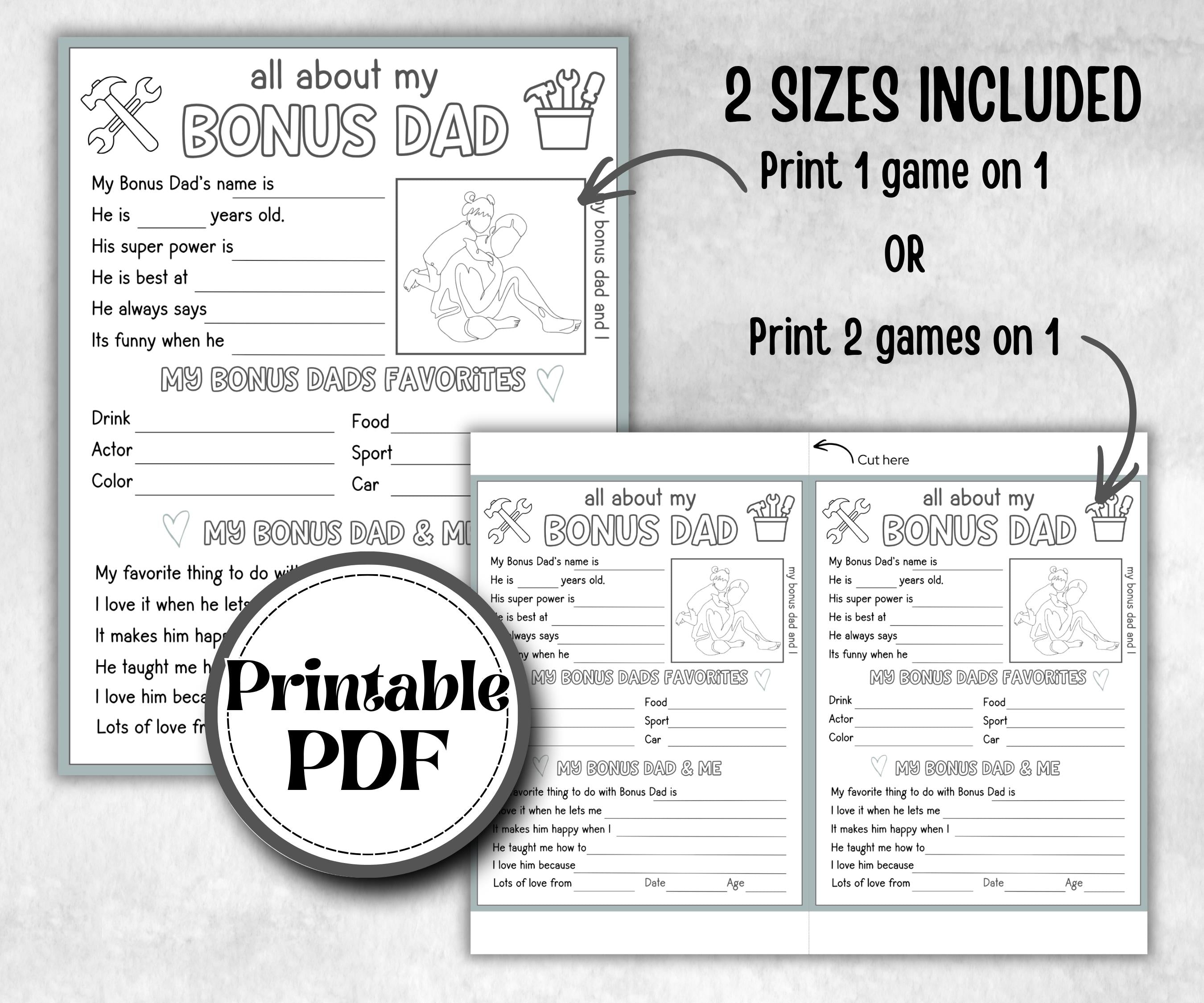 All about my Bonus Dad, Bonus Dad questionnaire, facts about bonus dad, preschool worksheet, printable interview, kindergarten, personalised