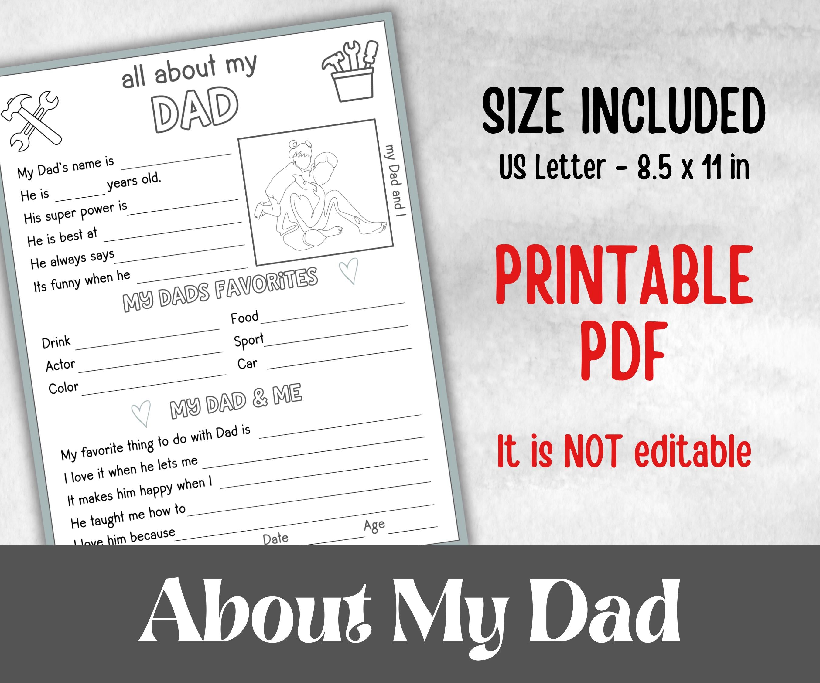 All about my Dad, Dad questionnaire, facts about bonus dad, preschool worksheet, printable interview, kindergarten activity, personalised