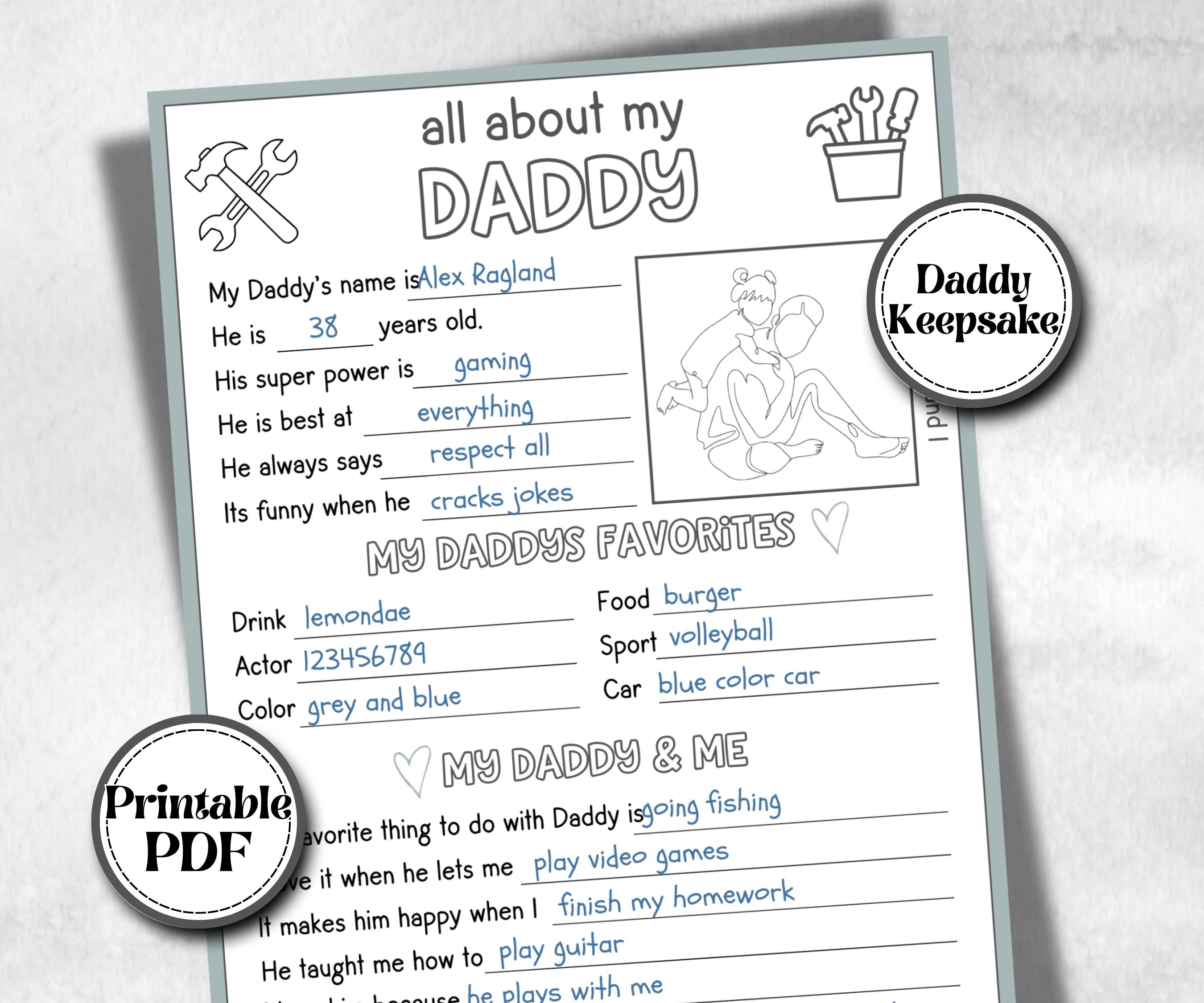All about my daddy, Daddy Dad questionnaire, facts about daddy, preschool worksheet, printable interview, kindergarten activity, personalise