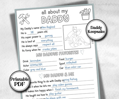 All about my daddy, Daddy Dad questionnaire, facts about daddy, preschool worksheet, printable interview, kindergarten activity, personalise