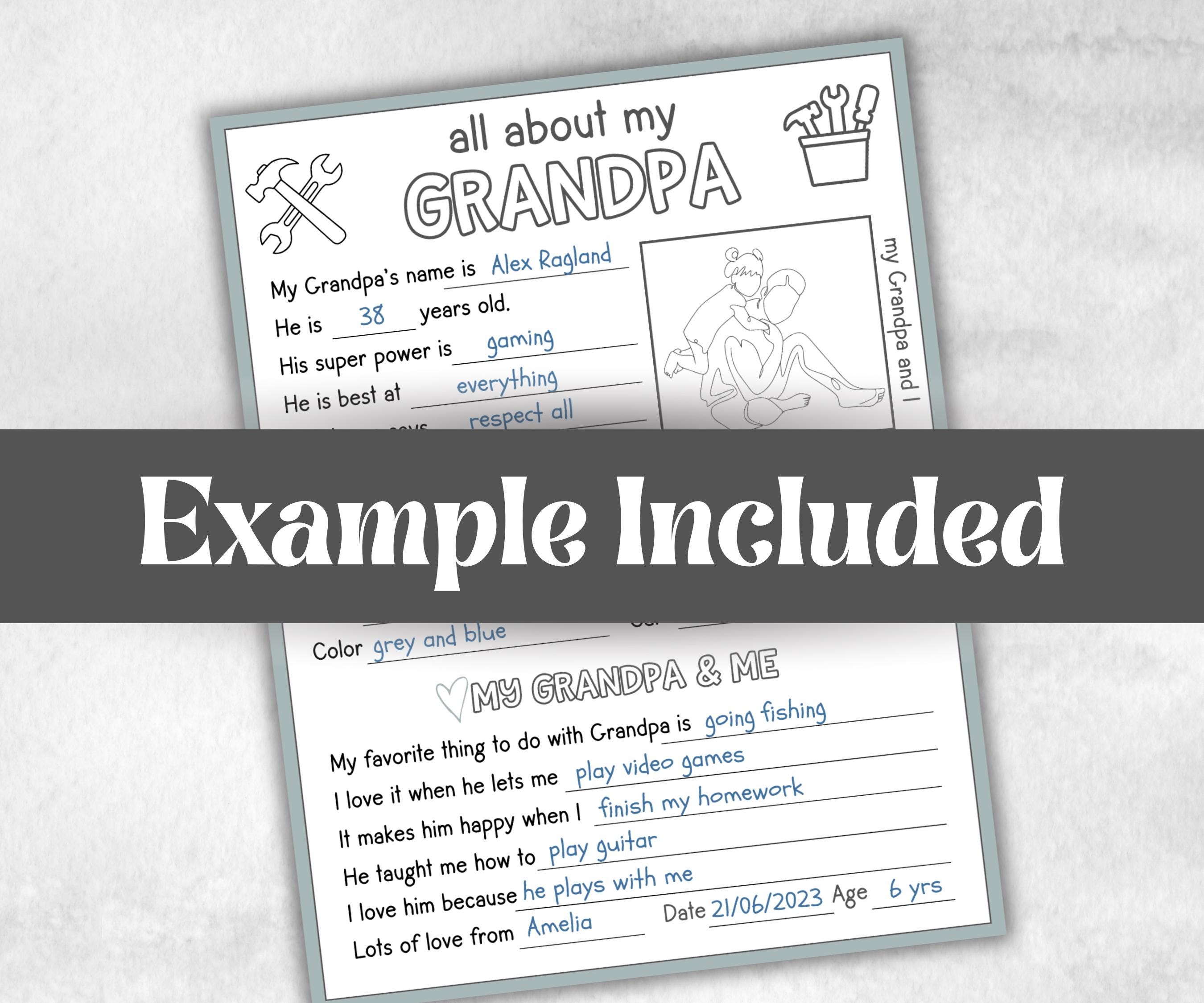All about my Grandpa, Grandpa questionnaire, facts about pa, preschool worksheet, printable interview, kindergarten activity, personalised