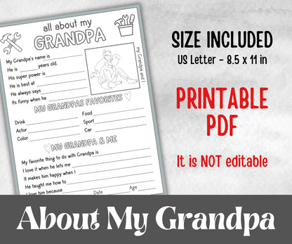 All about my Grandpa, Grandpa questionnaire, facts about pa, preschool worksheet, printable interview, kindergarten activity, personalised