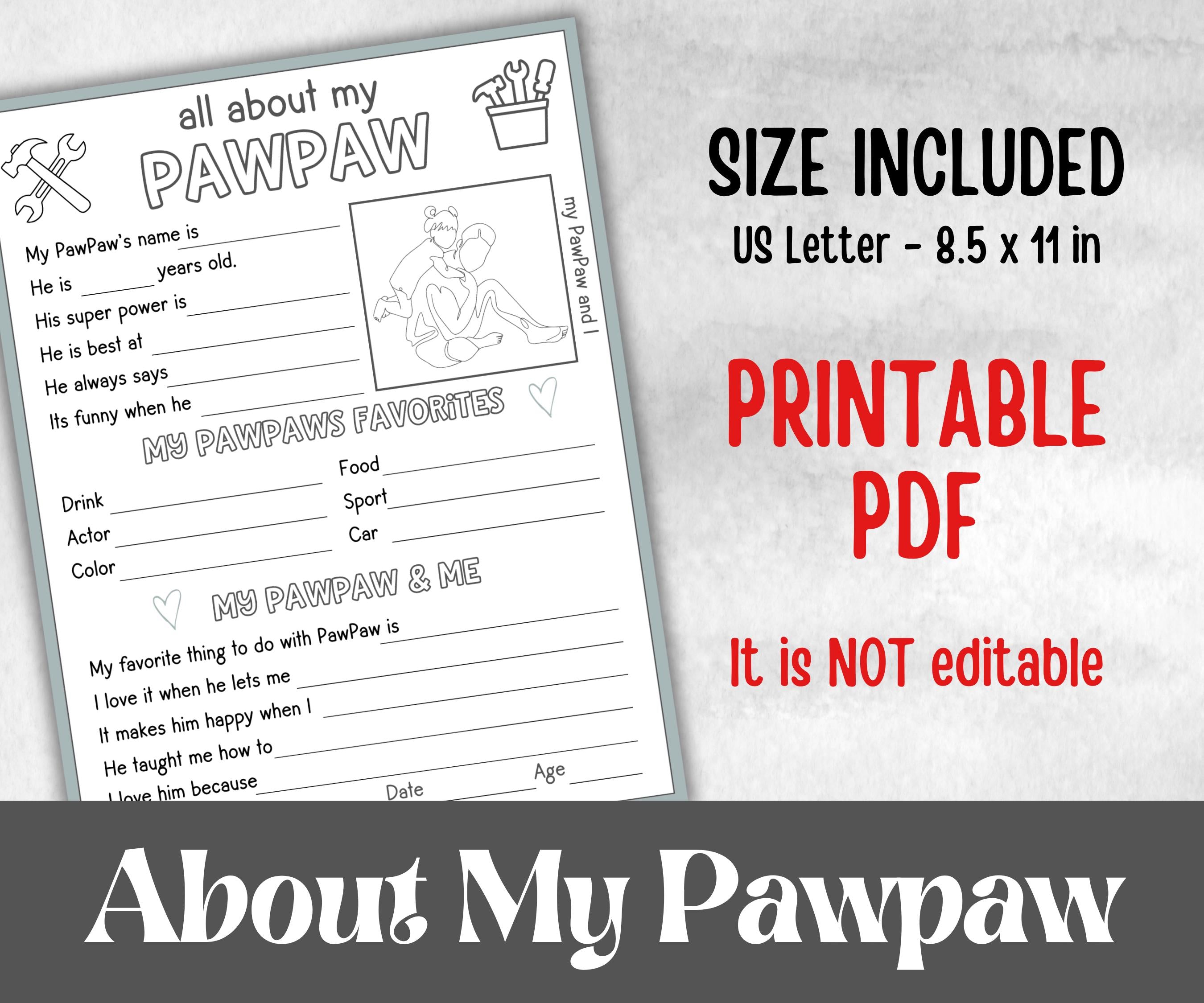 All about my Pawpaw, Pawpaw questionnaire, facts about pawpaw, preschool worksheet, printable interview, kindergarten activity, personalised